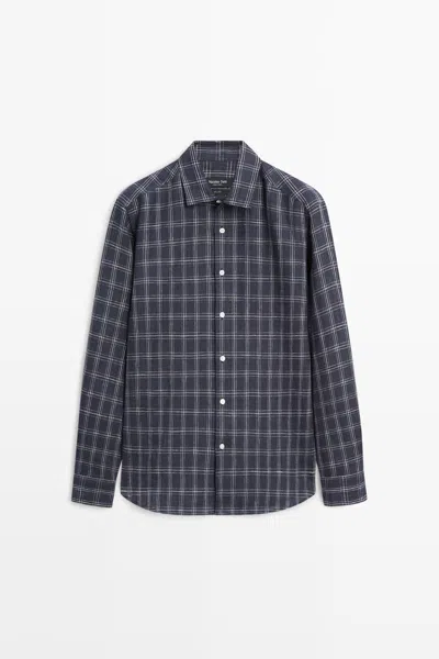 Massimo Dutti 100% Linen Regular Fit Check Shirt In Dark Blue