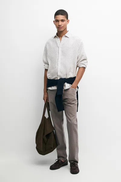 Massimo Dutti 100% Linen Regular Fit Plaid Shirt In White
