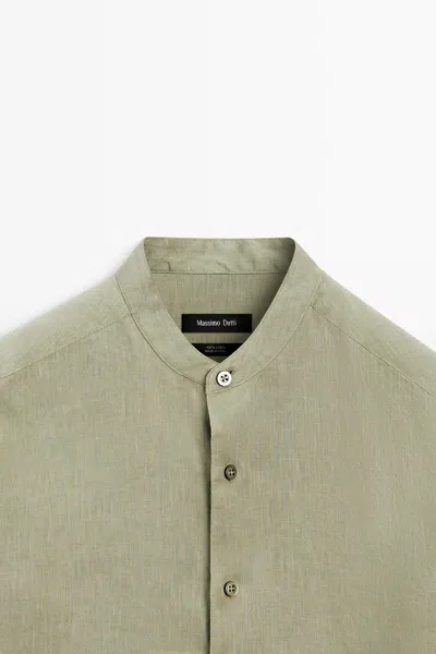 Massimo Dutti 100% Linen Regular Fit Stand Collar Shirt In Green