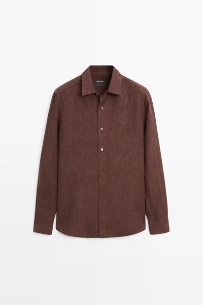Massimo Dutti 100% Linen Regular Fit Shirt With Button Detail In Brown