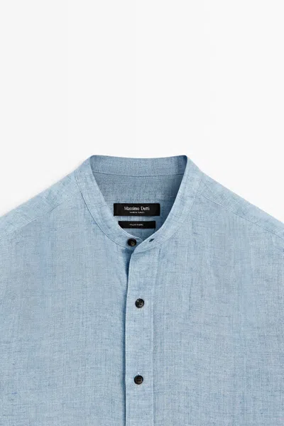 Massimo Dutti 100% Linen Regular Fit Shirt With Contrast Buttons In Blue