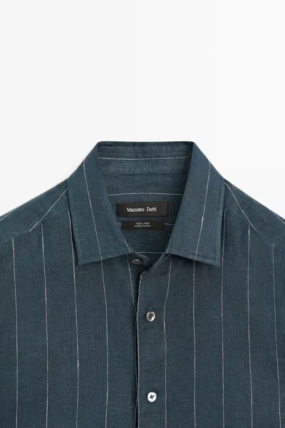 Massimo Dutti 100% Linen Regular Fit Striped Shirt In Blue
