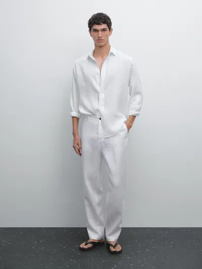 Massimo Dutti 100% Linen Regular Fit Trousers In White