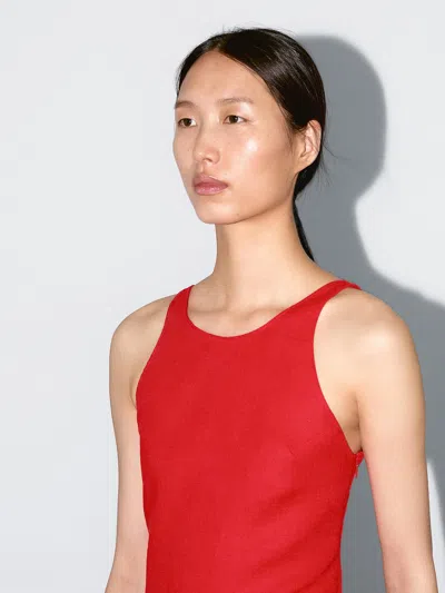 Massimo Dutti 100% Linen Round Neck Midi Dress In Red