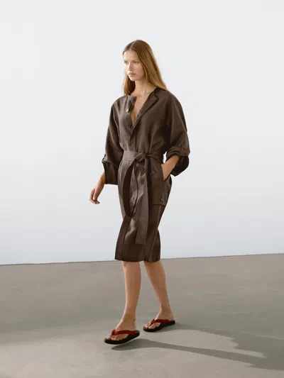 Massimo Dutti 100% Linen Shirt Dress In Brown