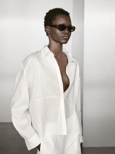 Massimo Dutti 100% Linen Shirt With Embroidered Detail In White