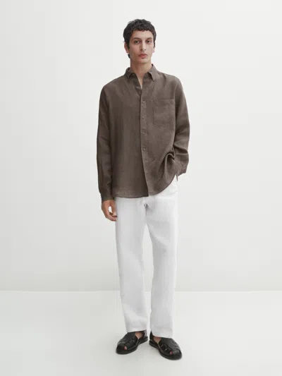 Massimo Dutti 100% Linen Shirt With Pocket In Grau