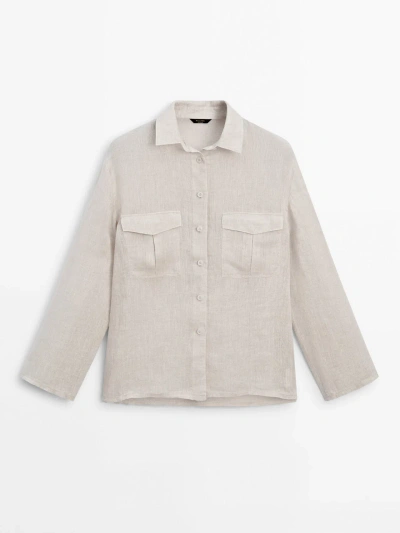 Massimo Dutti 100% Linen Shirt With Pockets In Beige