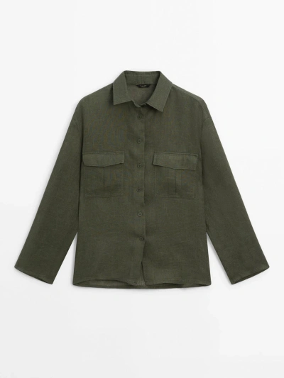 Massimo Dutti 100% Linen Shirt With Pockets In Dark Green