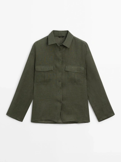 Massimo Dutti Hemd Aus Reinem Leinen Mit Tasche In Dark Green