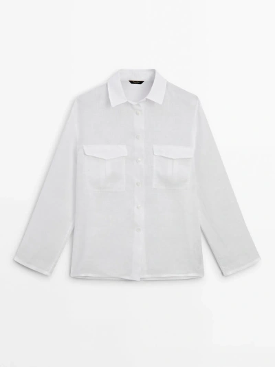 Massimo Dutti Hemd Aus Reinem Leinen Mit Tasche In White