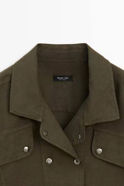 Massimo Dutti 100% Linen Shirt With Snap Buttons In Green