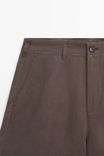 Massimo Dutti 100% Linen Short Bermuda Shorts In Brown