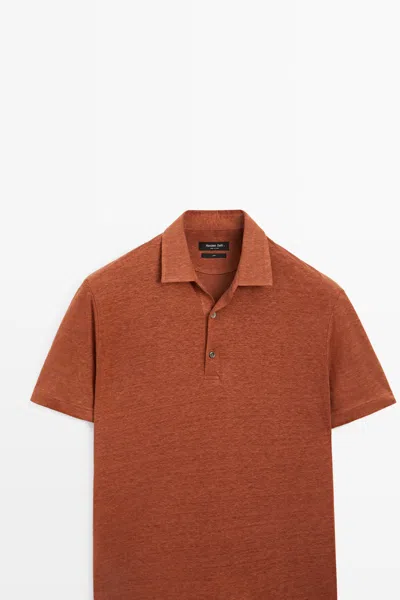 Massimo Dutti 100% Linen Short Sleeve Polo In Orange