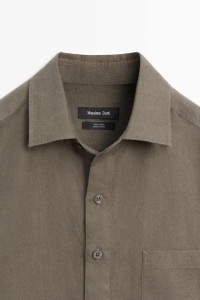 Massimo Dutti 100% Linen Short Sleeve Polo Shirt In Brown