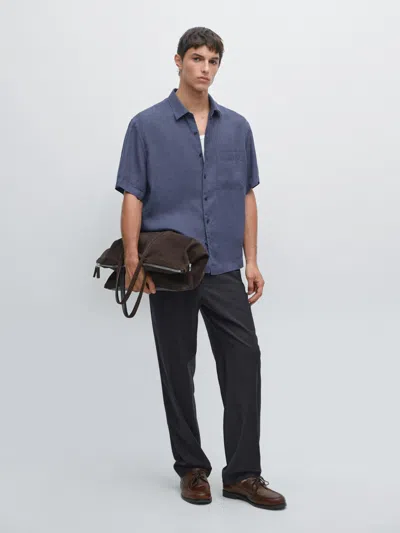 Massimo Dutti 100% Linen Short Sleeve Shirt In Blue