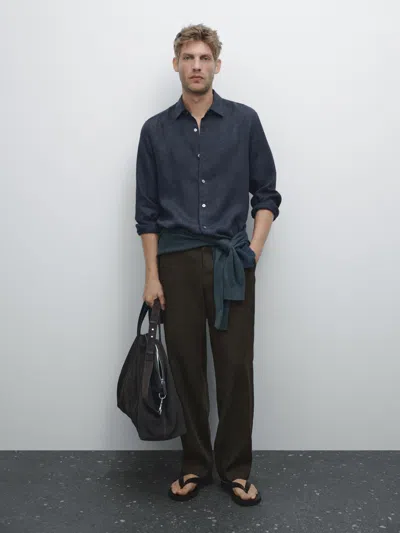 Massimo Dutti 100% Linen Slim Fit Shirt In Blue