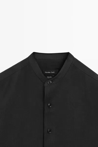 Massimo Dutti 100% Linen Stand Collar Shirt In Black