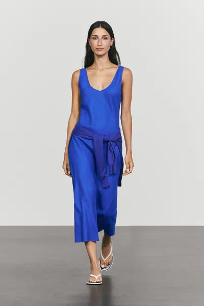 Massimo Dutti 100% Linen Strap Midi Dress In Electric Blue