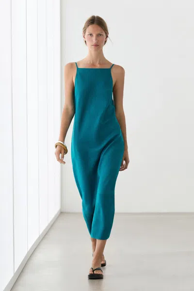 Massimo Dutti 100% Linen Strappy Midi Dress In Blue