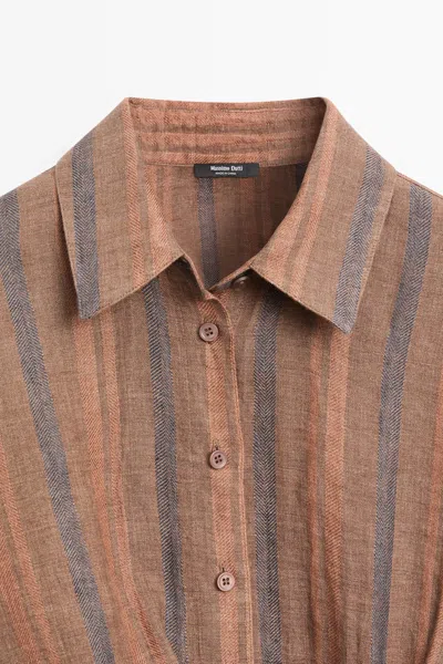Massimo Dutti 100% Linen Striped Crossover Shirt In Burgundy