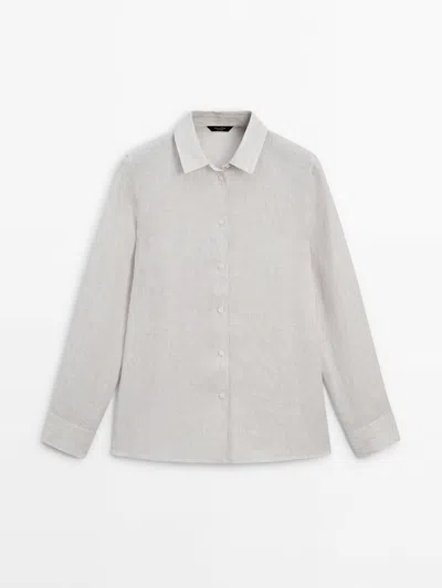 Massimo Dutti Gestreiftes Hemd Aus Reinem Leinen In Beige