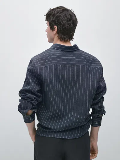 Massimo Dutti 100% Linen Striped Shirt In Blue