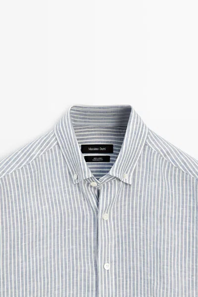 Massimo Dutti 100% Linen Striped Shirt In Blue