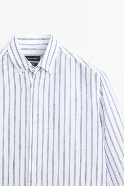 Massimo Dutti 100% Linen Striped Shirt In Blue