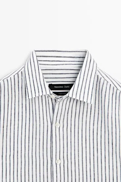 Massimo Dutti 100% Linen Striped Shirt In Blue