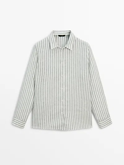 Massimo Dutti Gestreiftes Hemd Aus Reinem Leinen In Grün