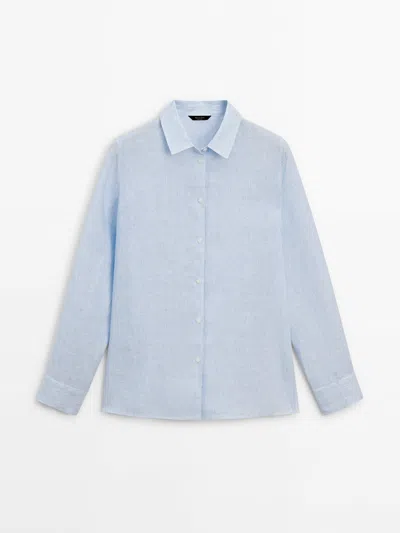 Massimo Dutti Gestreiftes Hemd Aus Reinem Leinen In Pastel Blue