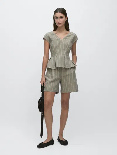 Massimo Dutti 100% Linen Striped Top With Pleated Details In Green