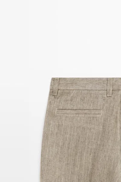 Massimo Dutti 100% Linen Striped Trousers In Neutral
