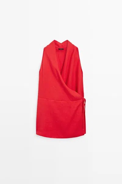 Massimo Dutti 100% Linen Surplice Mini Dress In Rojo