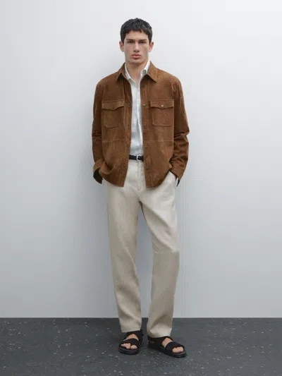 Massimo Dutti 100% Linen Tapered Fit Trousers In Brown