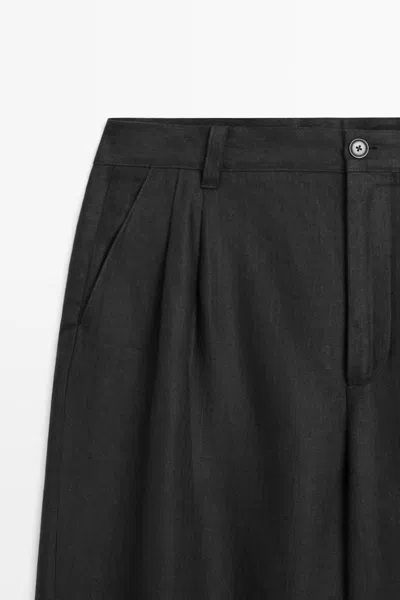Massimo Dutti 100% Linen Trousers With Double Darts In Black
