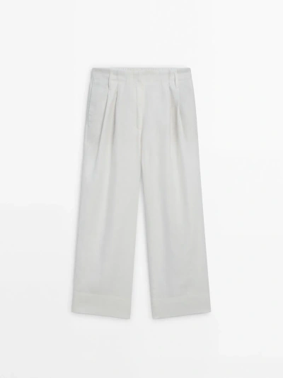 Massimo Dutti 100% Linen Trousers With Double Darts In Cream