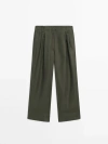 Massimo Dutti 100% Linen Trousers With Double Darts In Dark Green