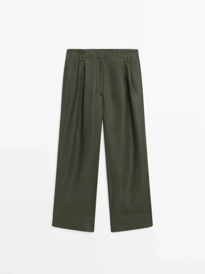 Massimo Dutti 100% Linen Trousers With Double Darts In Dark Green