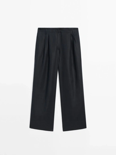Massimo Dutti 100% Linen Trousers With Double Darts In Navy Blue