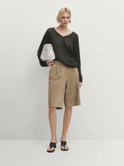 Massimo Dutti Strickpullover Aus Reinem Leinen Mit V-ausschnitt In Dunkelgrün