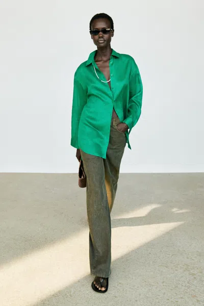 Massimo Dutti 100% Ramie Flowing Long Shirt In Green