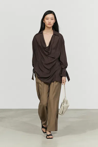 Massimo Dutti 100% Silk Draped Neckline Flowing Shirt In Brown