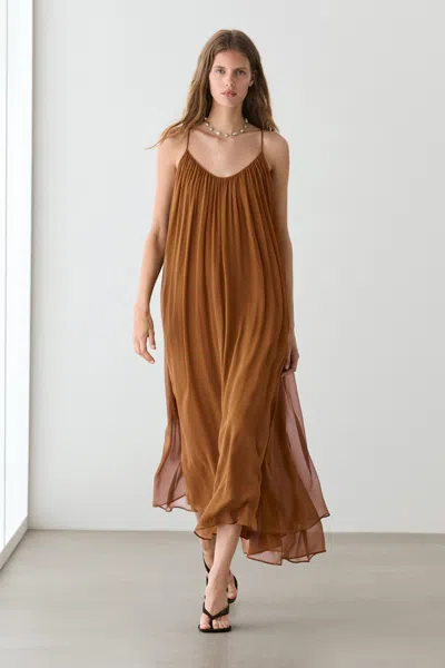 Massimo Dutti 100% Silk Gathered Midi Dress In Brown
