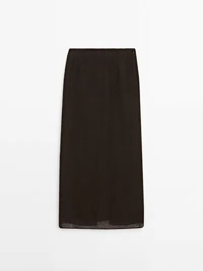 Massimo Dutti 100% Waffle-knit Linen Skirt In Chocolate