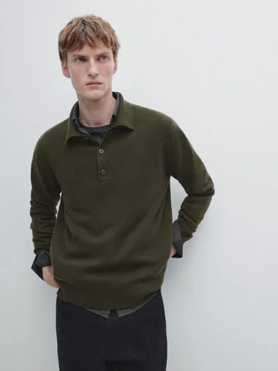 Massimo Dutti 100% Wool Knit Polo Sweater In Green