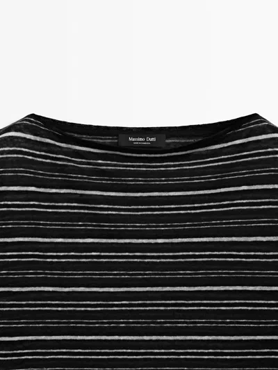 Massimo Dutti 3/4 Sleeve Striped Linen Knit T In Black