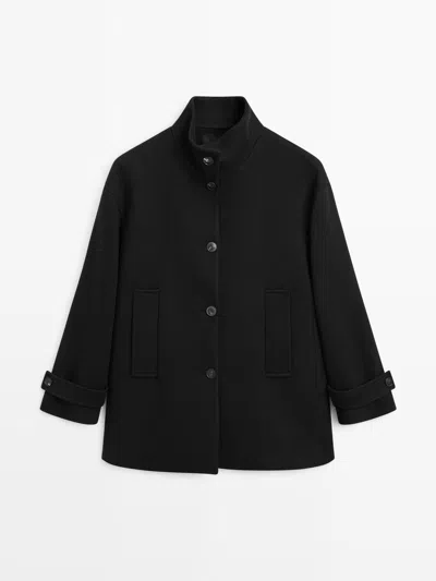Massimo Dutti Abrigo Cuello Subido Botonadura Mezcla Lana In Black