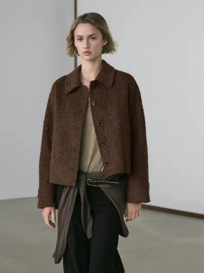 Massimo Dutti Alpaca Wool Cardigan With Shirt Collar In Brown